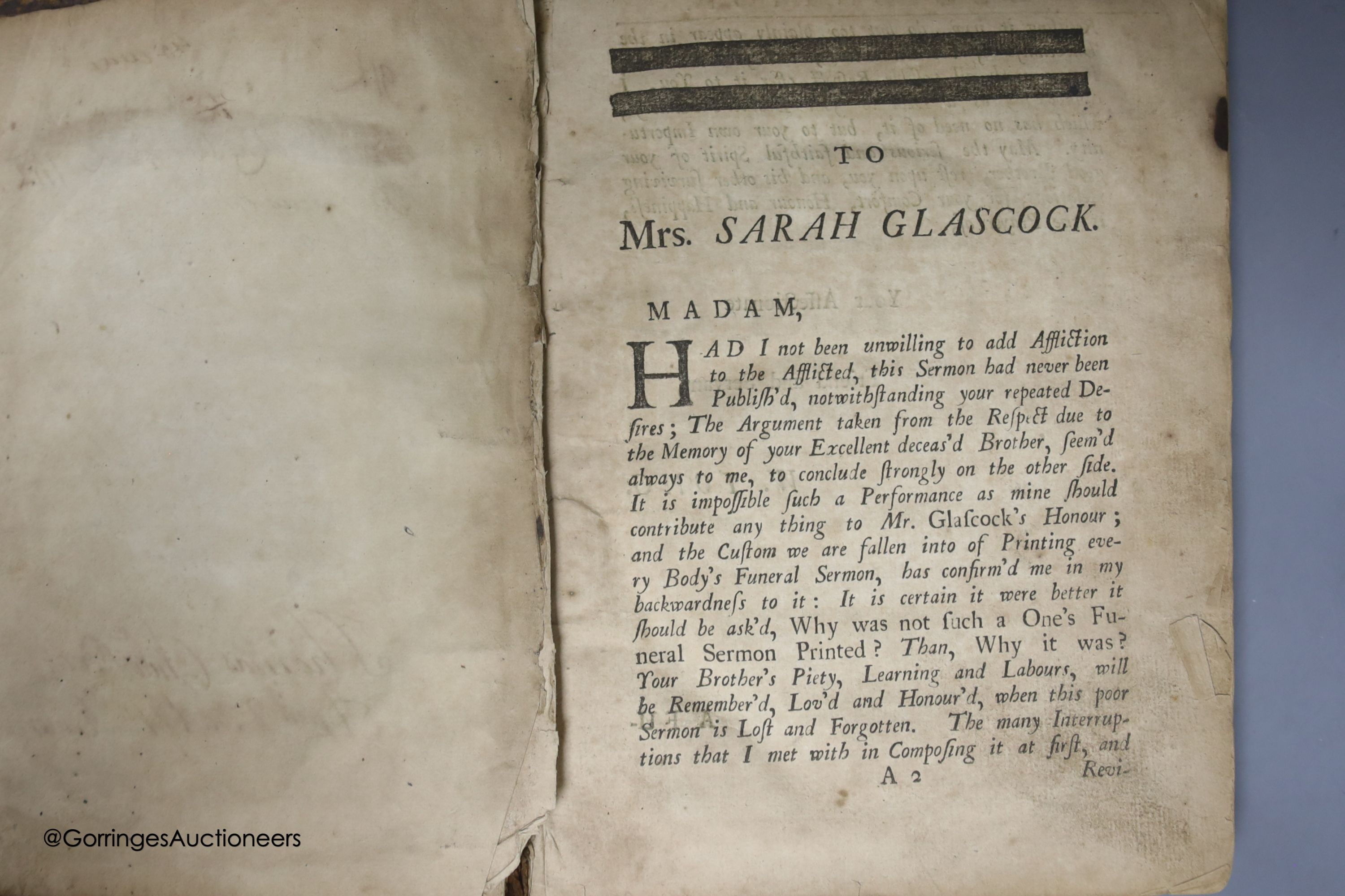 A leather bound volume of 17th / 18th century pamphlets, including a 1706 book on The Funeral Sermon of the late Mr Francis G......